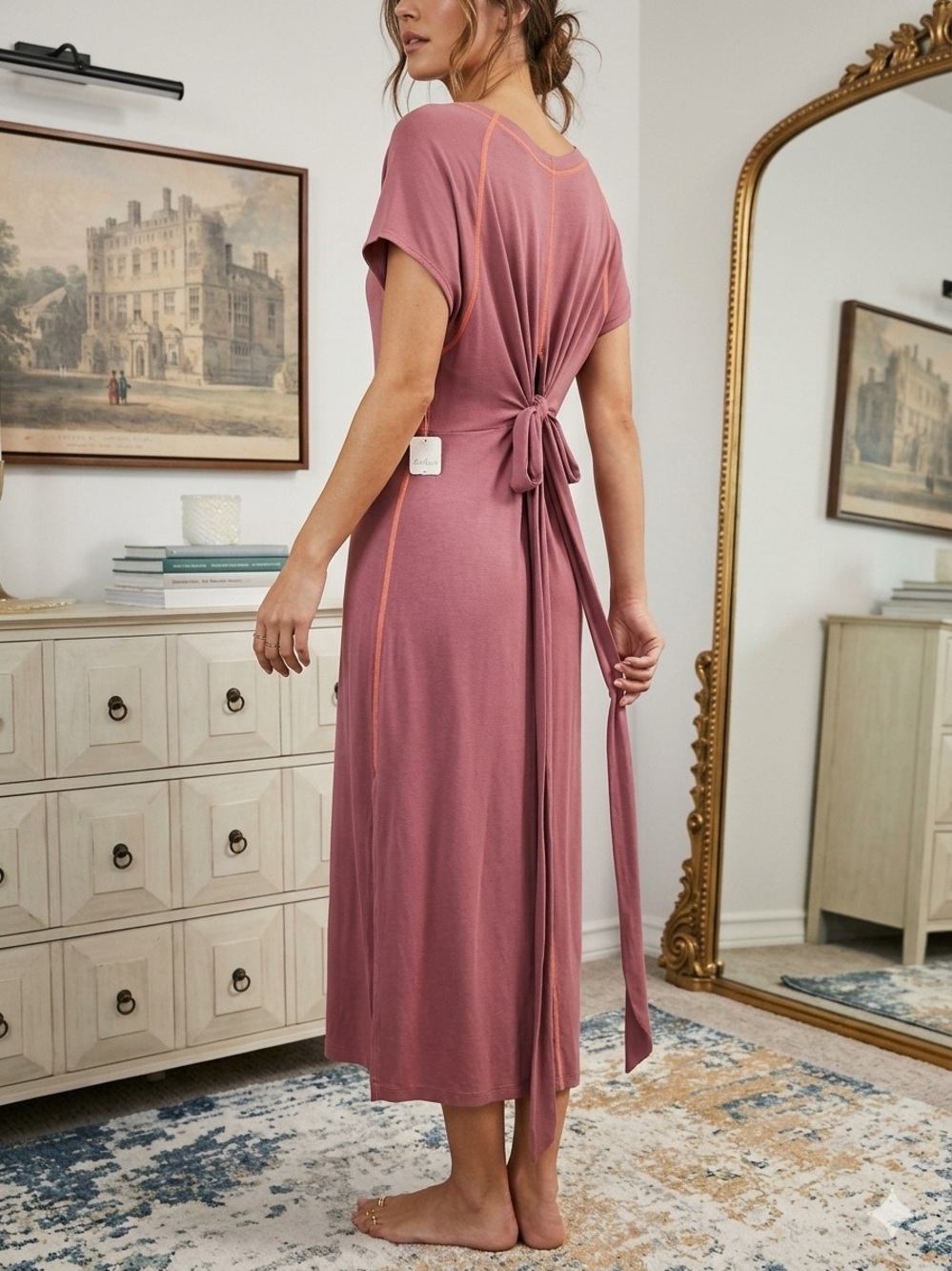 Free People Women's Tie-Back Midi Dress in Dusty Rose MSRP $128.00